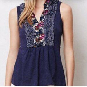 Anthropologie Navy Ruffled Blouse, Sleeveless Boho Style Top, Floral Polka Dots